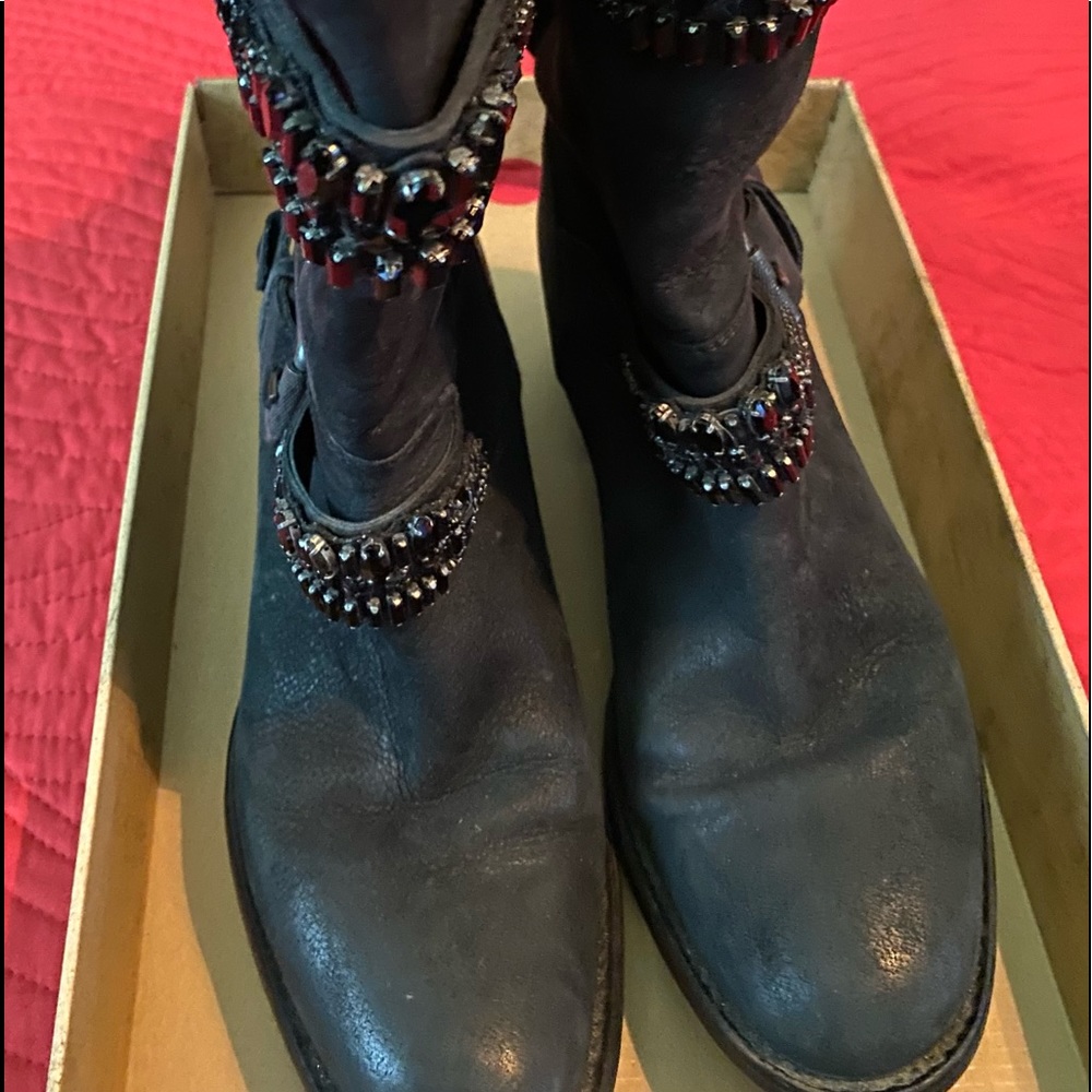 Black Rhinestones, 2 inch Heel Boots.